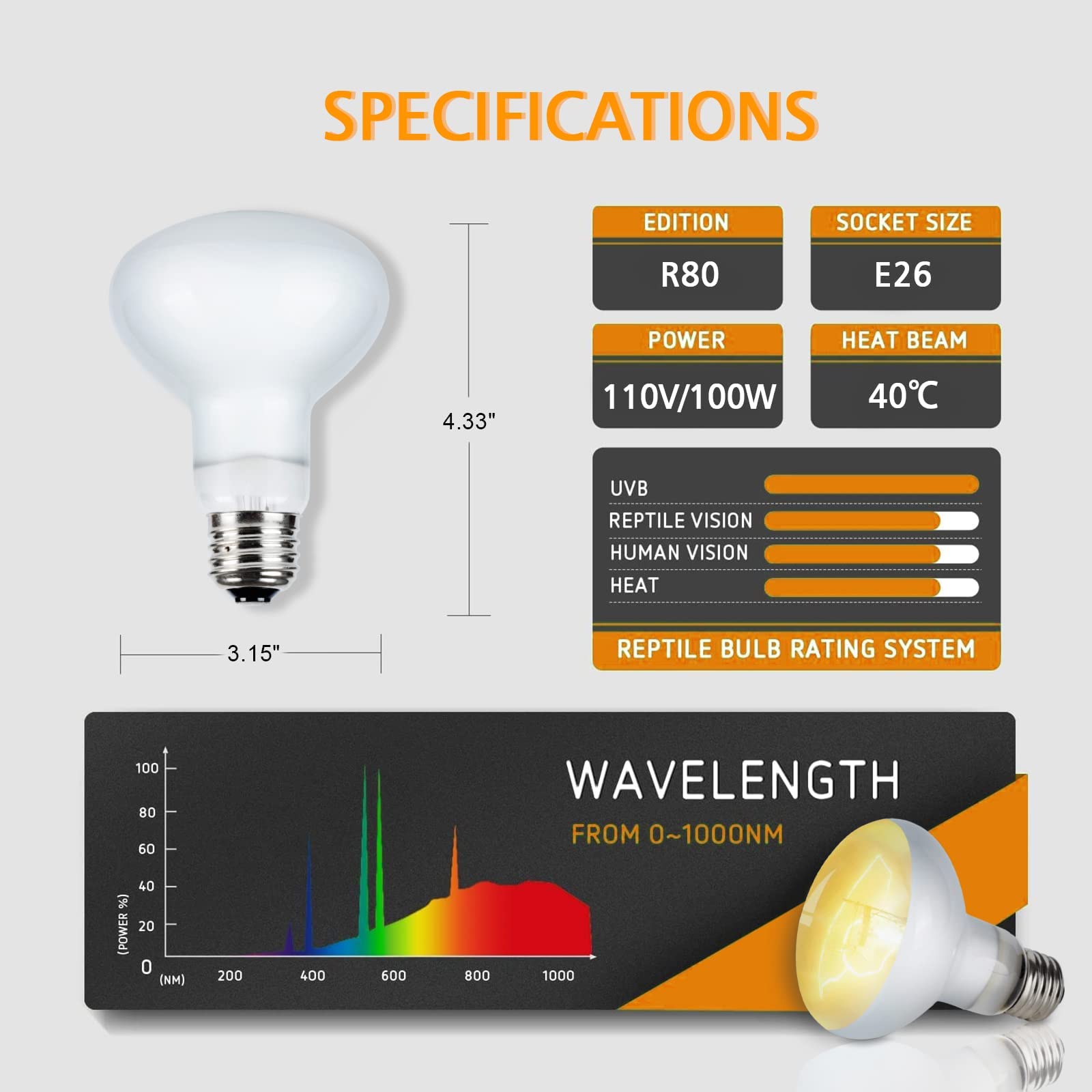 مصباح تسخين KASTWAVE، لمبة تدفئة للتنين الملتحي، مصابيح تسخين زواحف UVA للحيوانات الأليفة/البرمائيات، مصابيح تسخين نقطة تدفئة لخزان السلاحف والتنين الملتحي، لمبة ضوء النهار البيضاء للسحالي/القنافذ