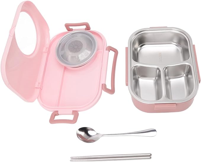 Bento Lunch Box - Double Layer Camera-Shaped Container, 1450ml with Soup Bowl for School (Pink)