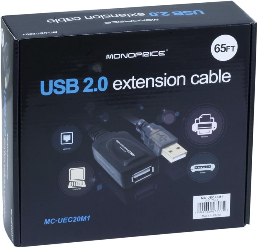 Monoprice 65Ft 20M Usb 2.0 A Male To A Female Active Extension/Repeater Cable For Playstation, Xbox, Kinenct, Oculus Vr, Usb Flash Drive, Card Reader, Hard Drive, Keyboard, Printer, Camera And More!