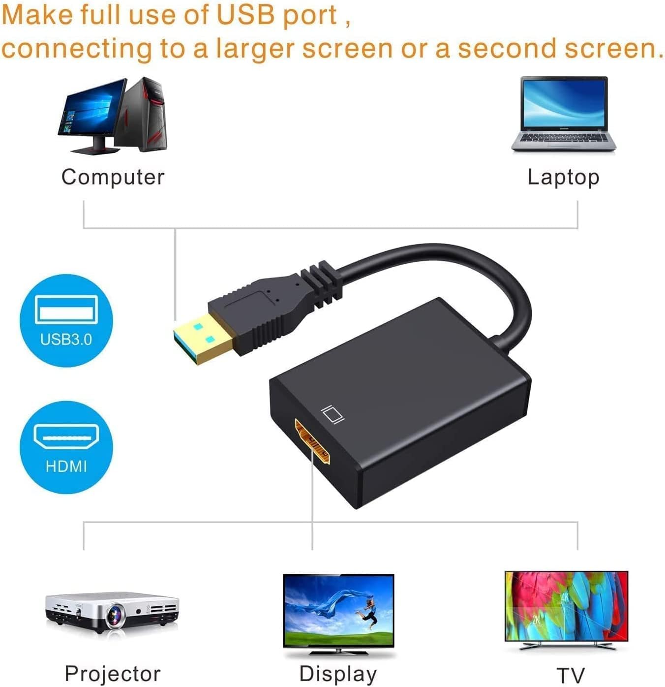 Usb to Hdmi Adapter, USB 3.0/2.0 to HDMI 1080p Video Graphics Cable Converter with Audio for PC Laptop Projector