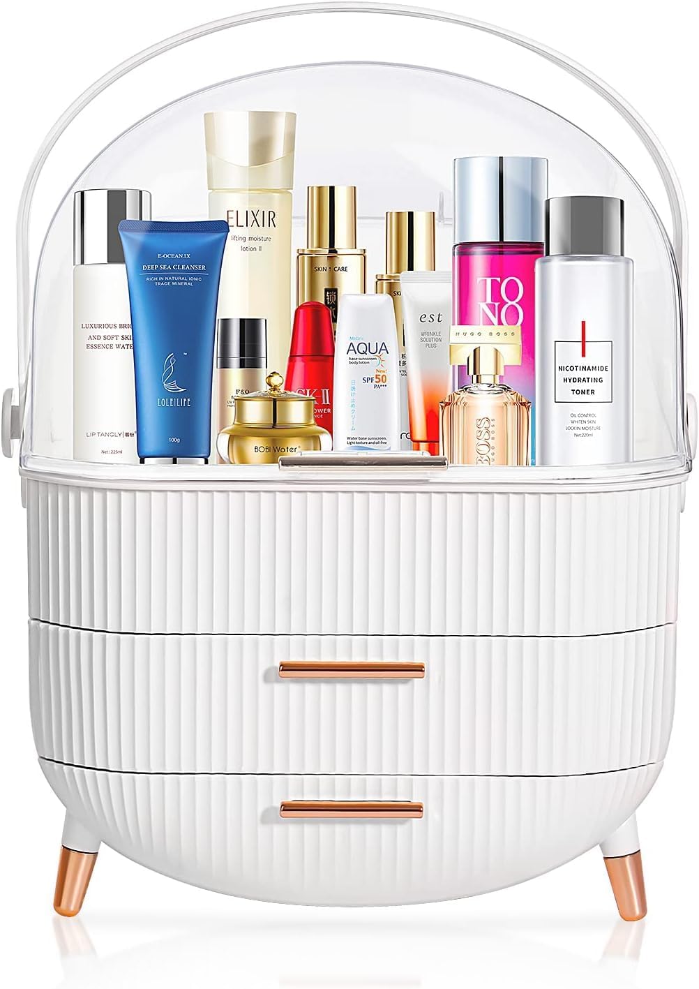 Kousee Makeup Storage Organizer, Skincare Organizers Cosmetic Display Case with Dust Free Cover Portable Handle, Waterproof Makeup Box for Vanity Countertop Bathroom Dresser- White
