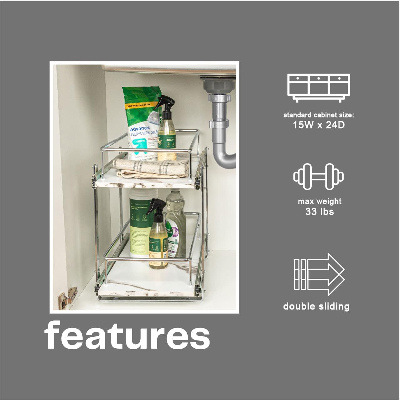 Household Essentials Sliding Cabinet Organizer, Dual Shelf, Chrome and Faux Marble Kitchen Organizer