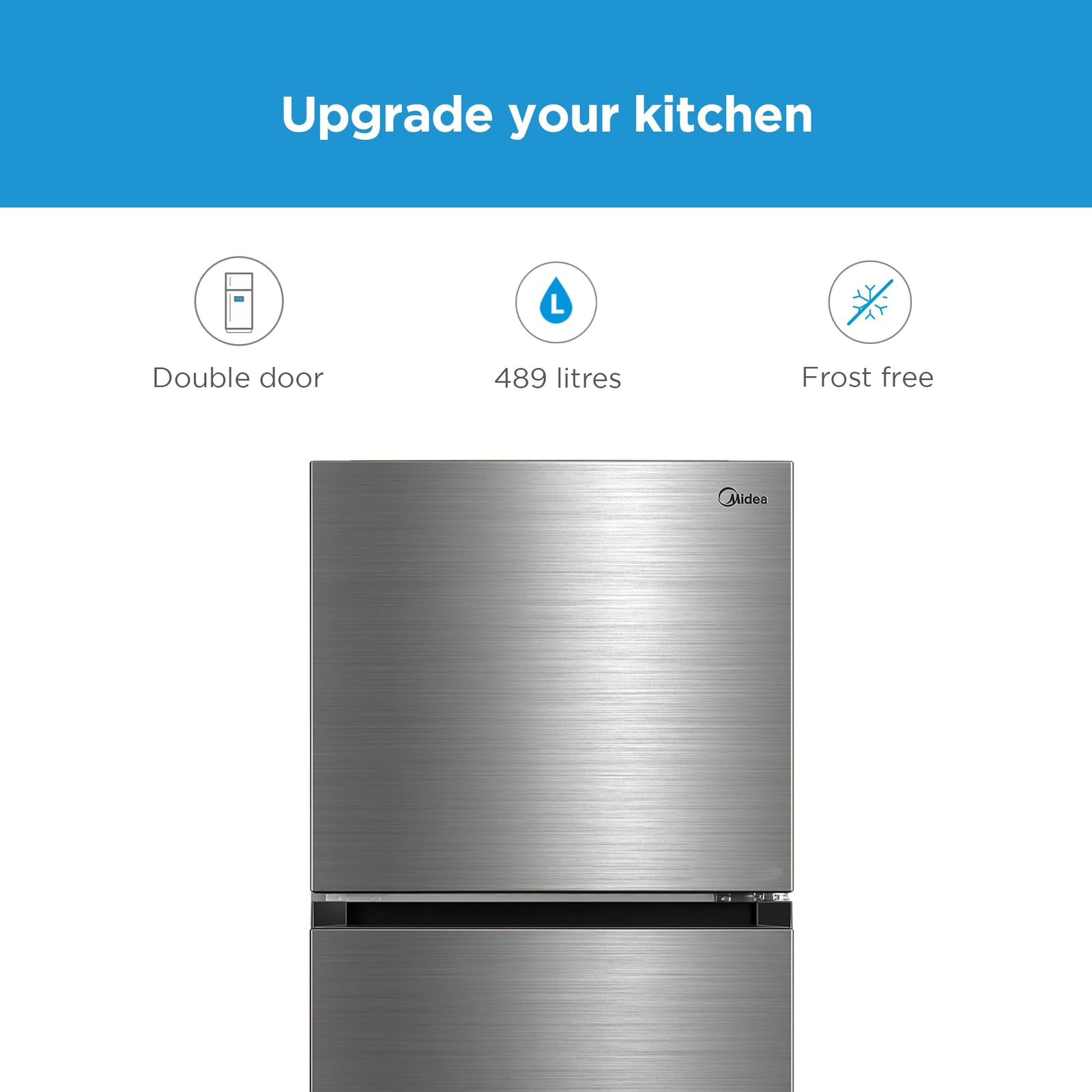 Midea 489L Gross Top Mount Double Door Refrigerator MDRT489MTE46, 2 Doors Frost Free Fridge Freezer With Smart Sensor & Humidity Control, Active-C Fresh, Multi-Air Flow, Electronic Control, Silver