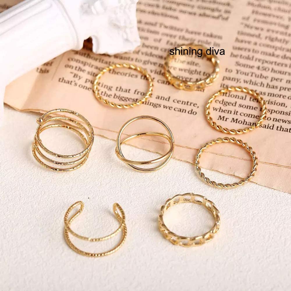 Shining Diva Fashion Metal Alloy Boho Midi Finger Crystal Rings for Women - Set of 8 (11811r)