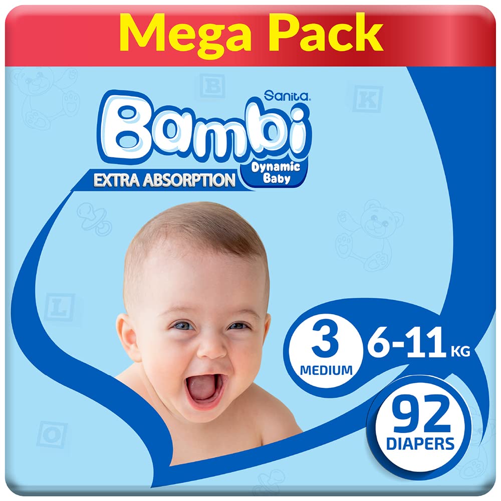 Sanita Bambi Baby Diapers Mega Pack Size 3, Medium, 6-11 KG, 92 Count