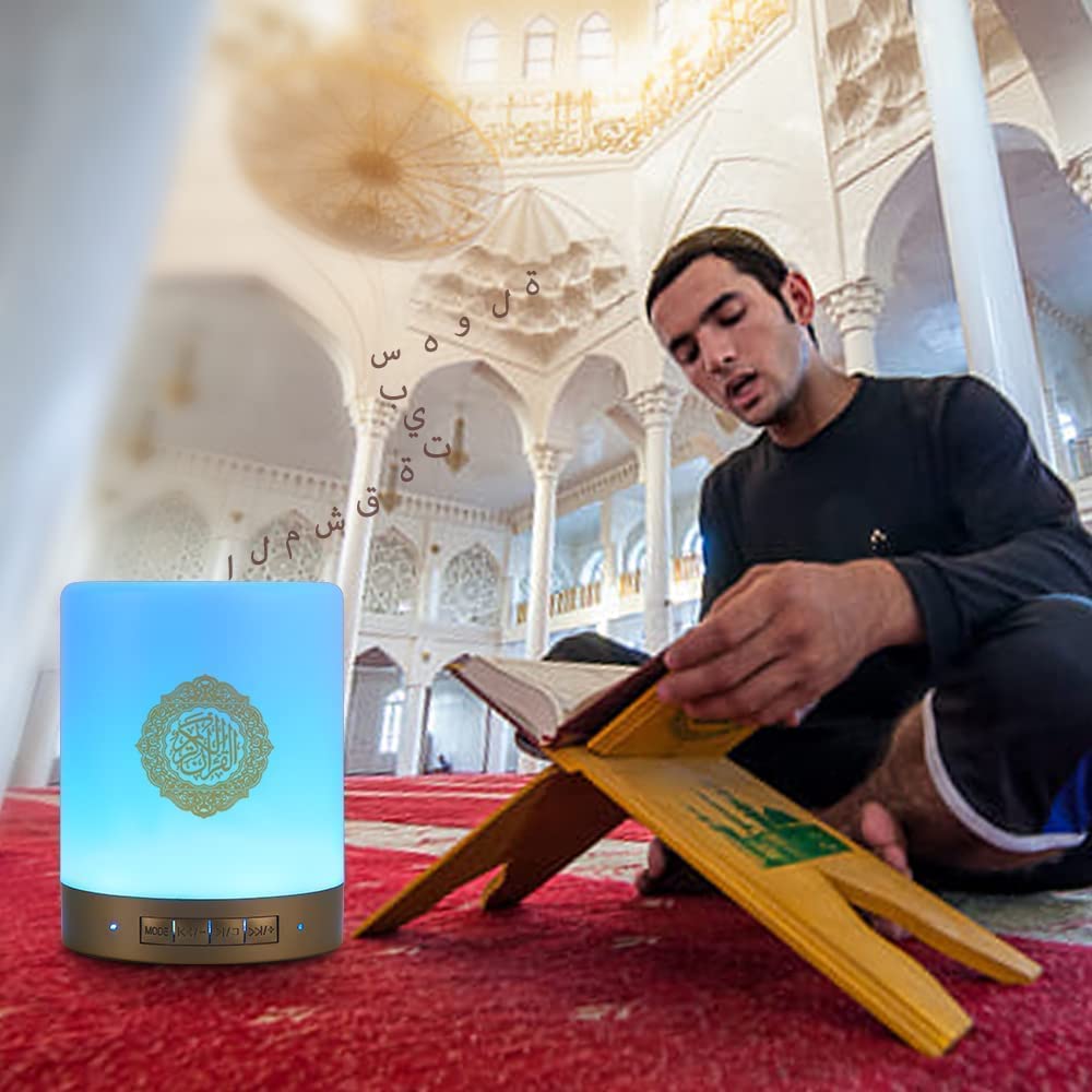 ACHAS SQ-112 Quran Speaker Touch Lamp - 4-in-1 Bluetooth Speaker with 7-Color LED Light, Quran Recitations, Songs, FM Radio, Remote & Touch Control