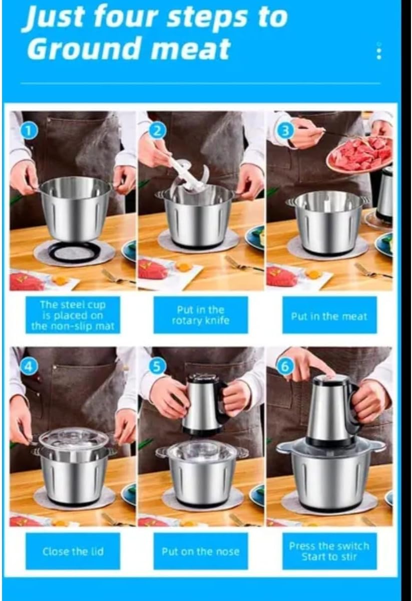 Powerful 3L Electric Meat Grinder, Stainless Steel Blender Mincer Mixer Food Processor Machine - 800W Heavy Duty Motor for Fast Grinding & Easy Cleaning - Multi-function Meat Chopper