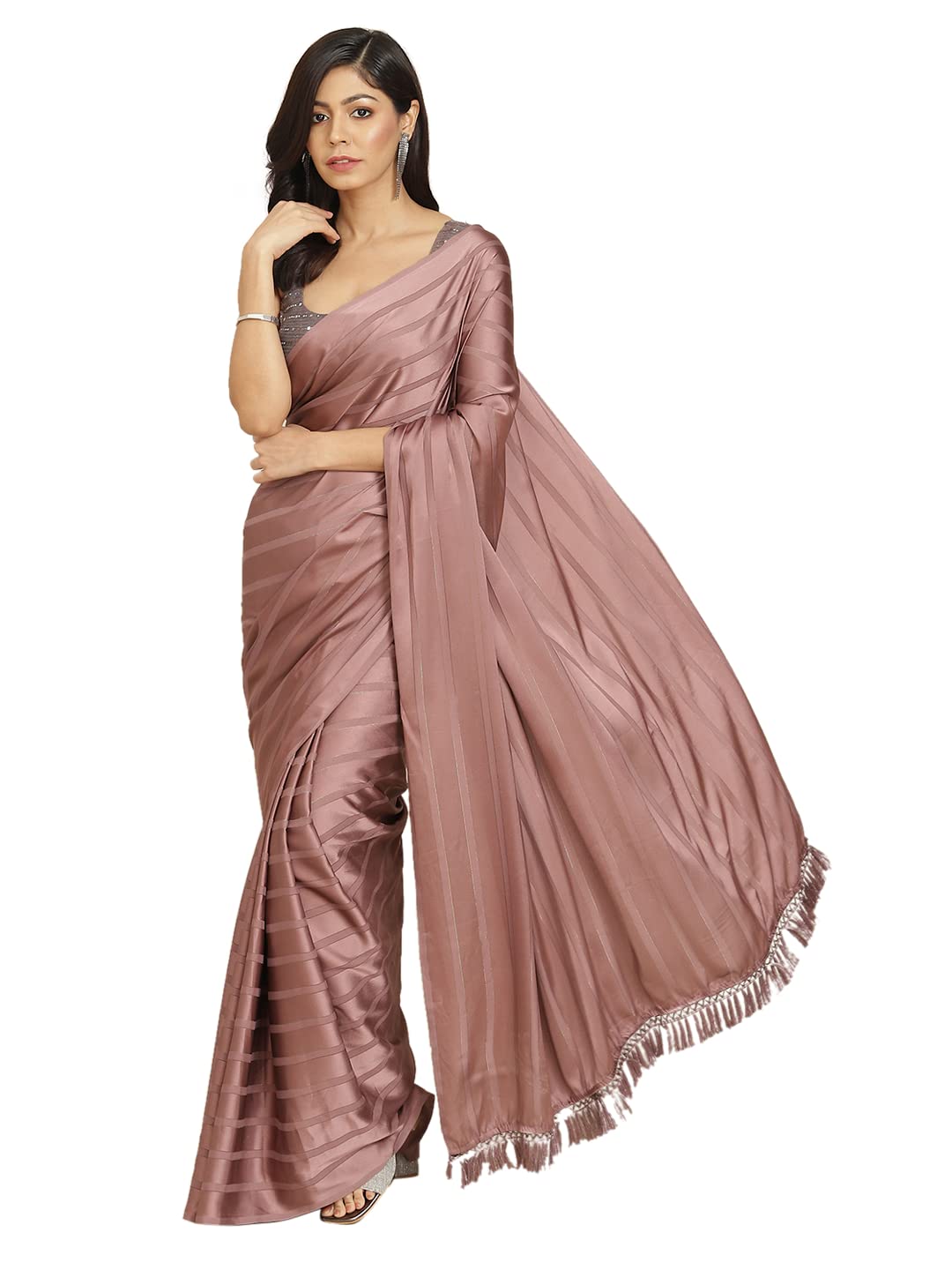 Womanista Women's Satin Striped Saree With Un-stitched blouse