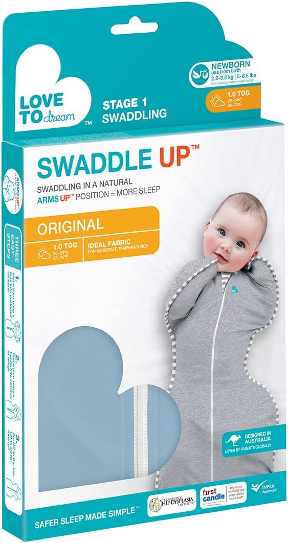 Love To Dream Swaddle Blanket. Newborn Essentials For 0 - 6 Months Baby Girls And Boys. 1.0 TOG Baby Sleeping Bag With Arms, Provides Comfortable And Quiet Sleep. Cotton Fabric (Dusty Blue, NB)