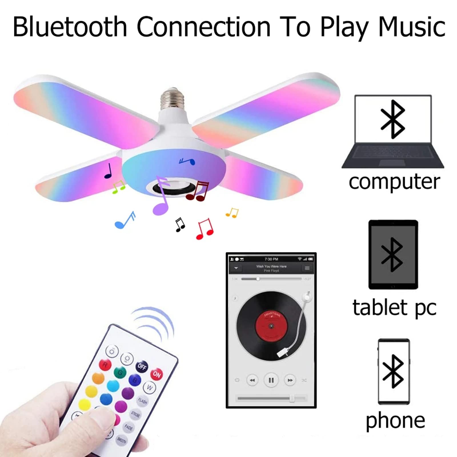 Fitto LED RGB Bluetooth Wireless Bulb, Fan Shaped, 24 Keys Remote Control, For Bedroom