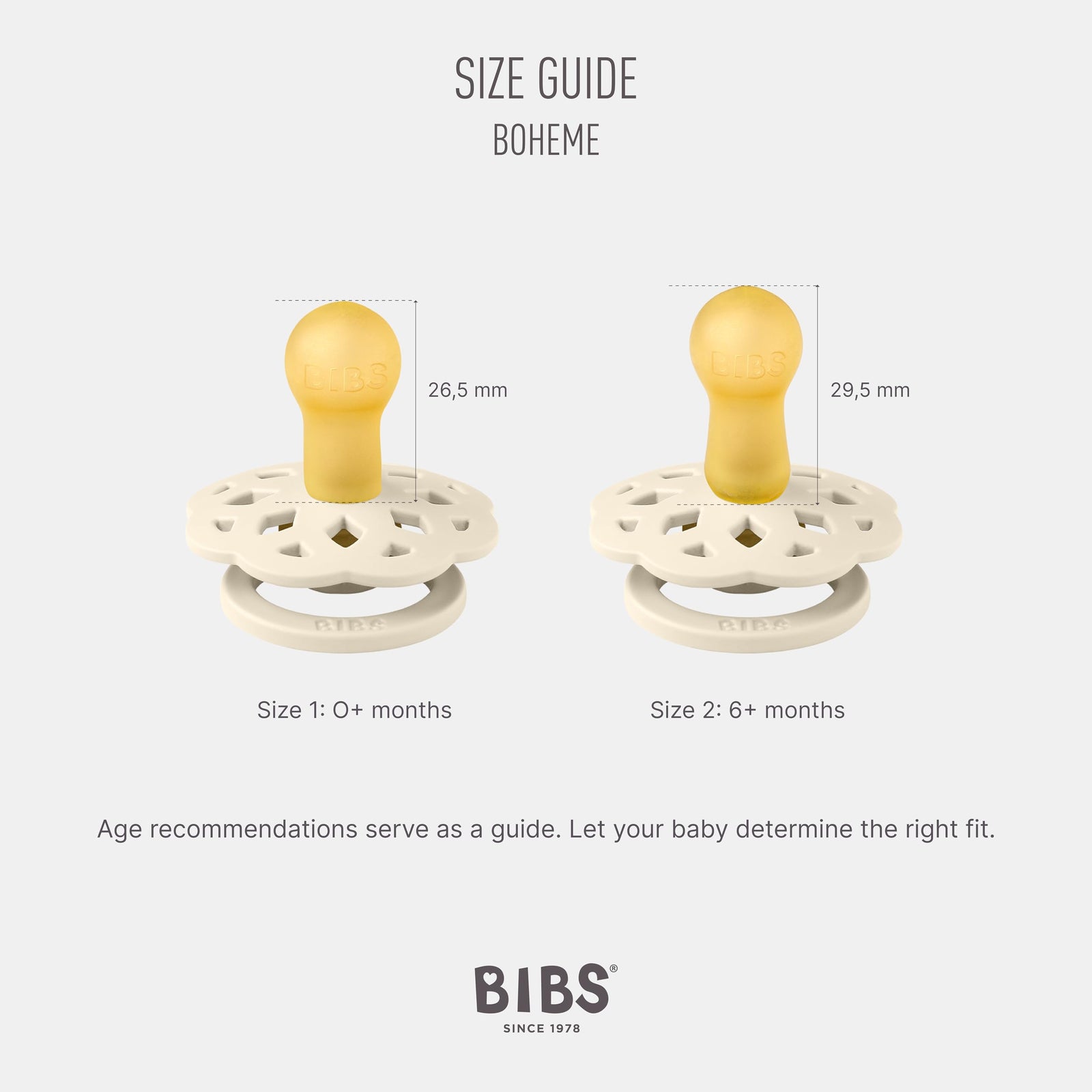 Bibs Boheme Natural Rubber Latex Round Pacifier Size 1-0-6M 2-Pack - Ivory/Blossom