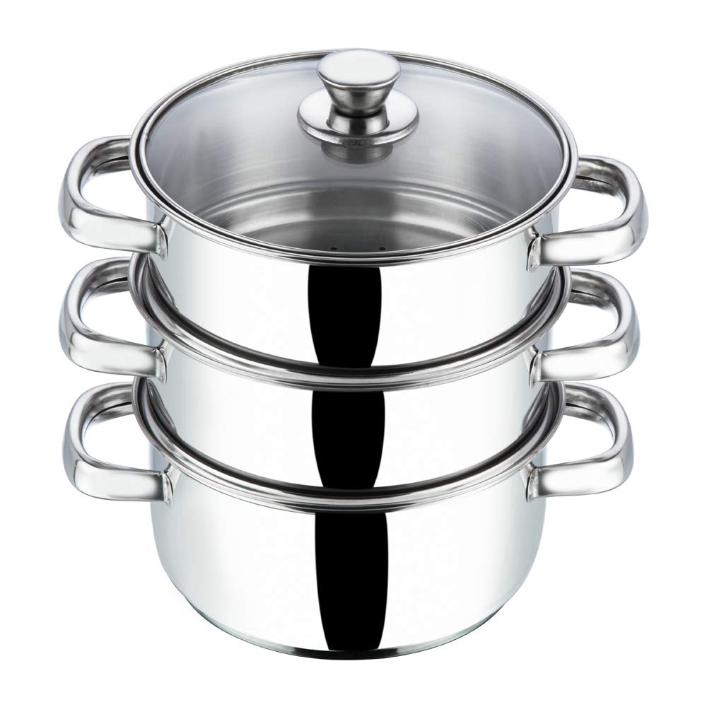 Vinod Stainless Steel Steamer 3 Tier with Glass Lid 20 cm | 2.5 mm Thick Base | Multi Purpose Momos,