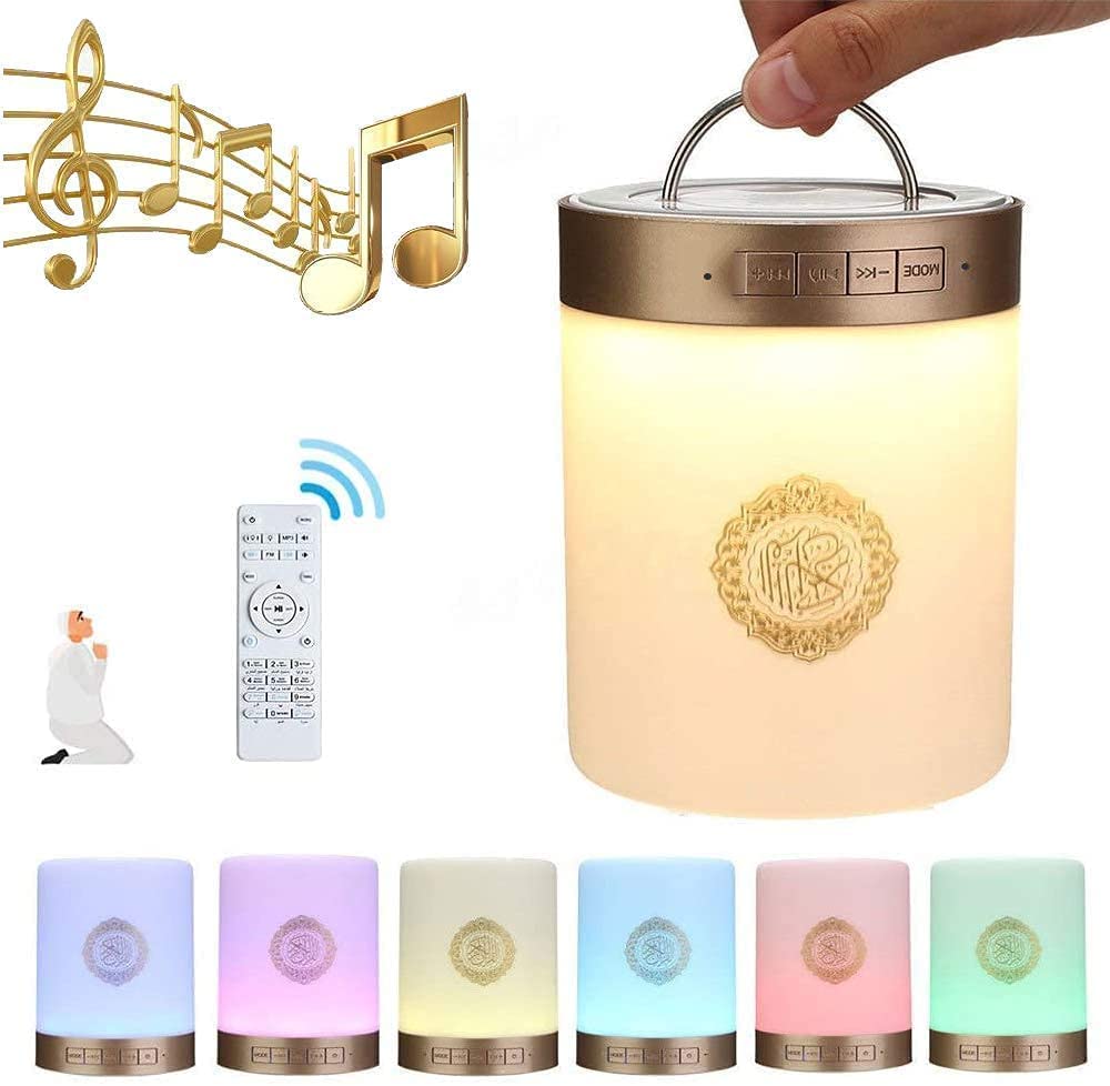 ACHAS SQ-112 Quran Speaker Touch Lamp - 4-in-1 Bluetooth Speaker with 7-Color LED Light, Quran Recitations, Songs, FM Radio, Remote & Touch Control