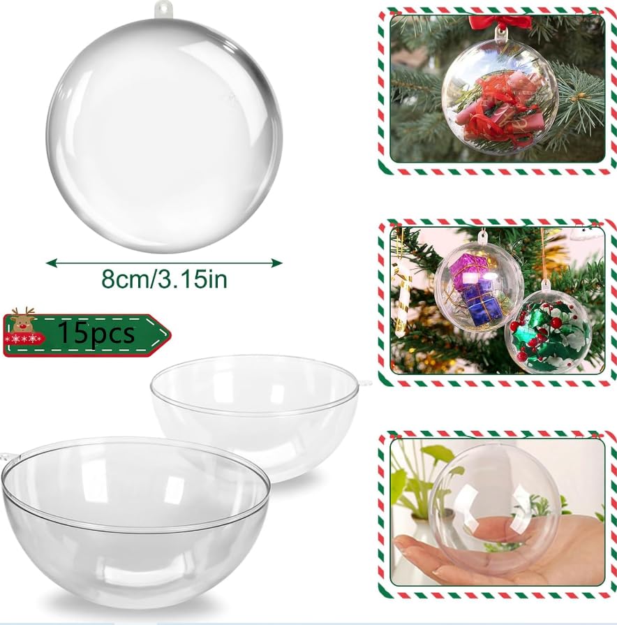 15 Pcs Christmas Ornament Fillable Balls Filling Clear Plastic Decorative Ball DIY Craft Christmas Tree Decor for Wedding Party, Xmas Holiday Decoration Large Open Decorative Hanging Ornaments (80mm)