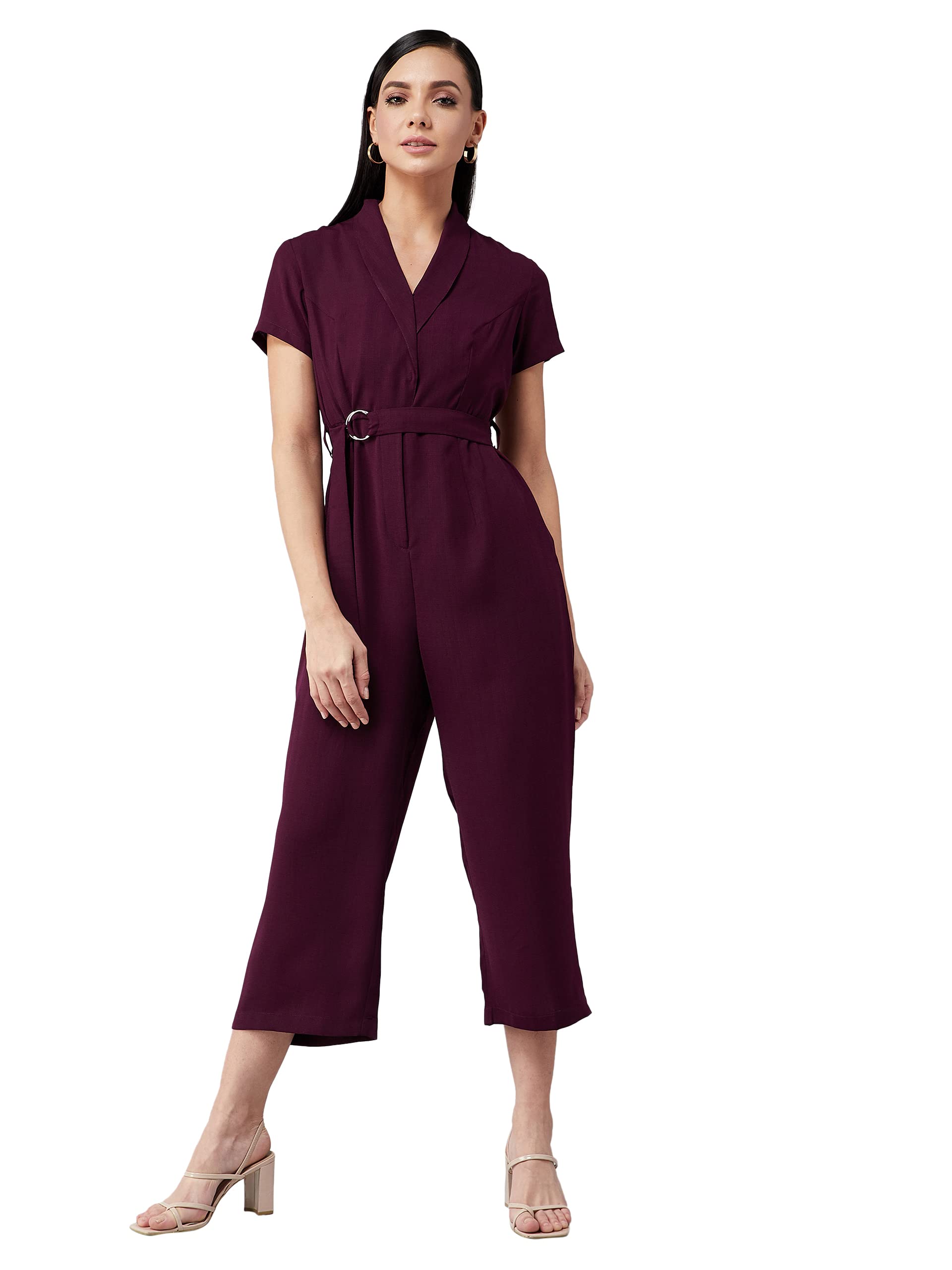 Miss Olive Women's Shawl Collar Half Sleeve Solid Straight Leg Regular Jumpsuit (MOAW21D31)