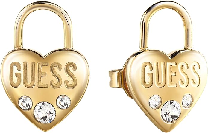 Guess UBE20054 Heart Lock Shaped Stud Earrings with Zircon Embellishments for Women - Stainless Steel