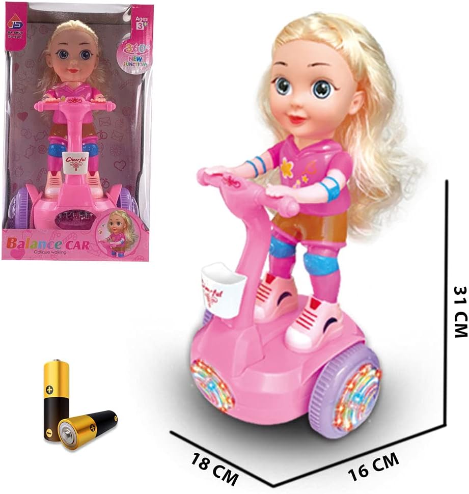 Kidwala magical cute pink doll & yellow hair riding hover balance board, lights & Music with colorful wheels light 360-degree spin doll with battery, an oblique dancing doll with music