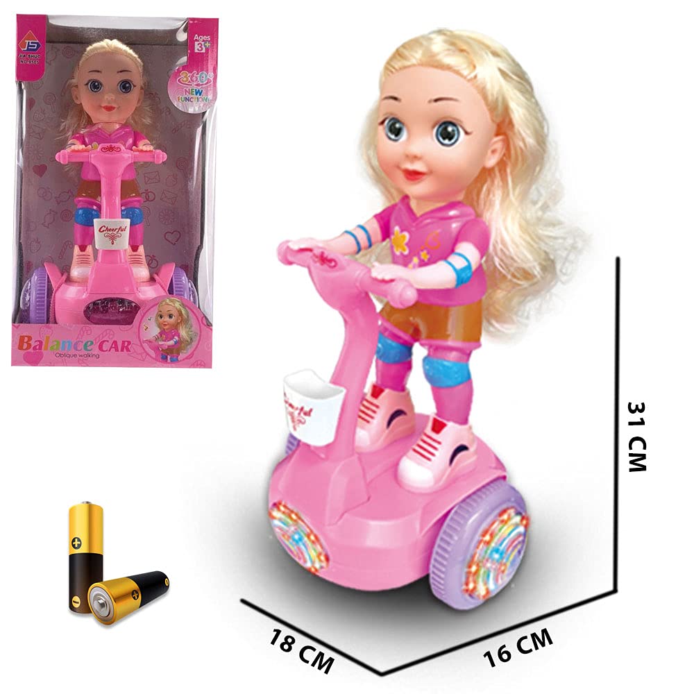 Kidwala magical cute pink doll & yellow hair riding hover balance board, lights & Music with colorful wheels light 360-degree spin doll with battery, an oblique dancing doll with music