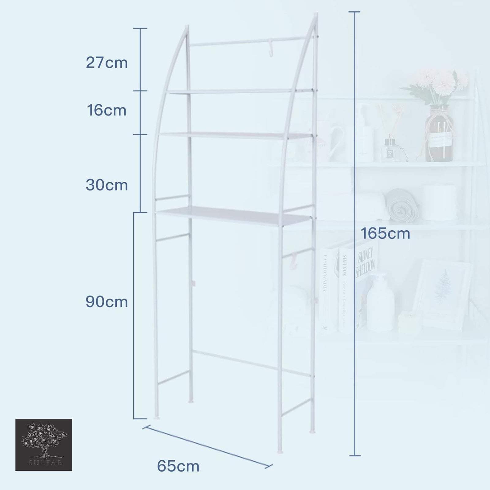 Sulfar 3-Tier Washing Machine Storage Shelf Rack | No-Drill Bathroom Organizer Shelf for Toilet, Sink & Laundry Area | Space-Saving Stand – White 25x65x166cm (1pc)