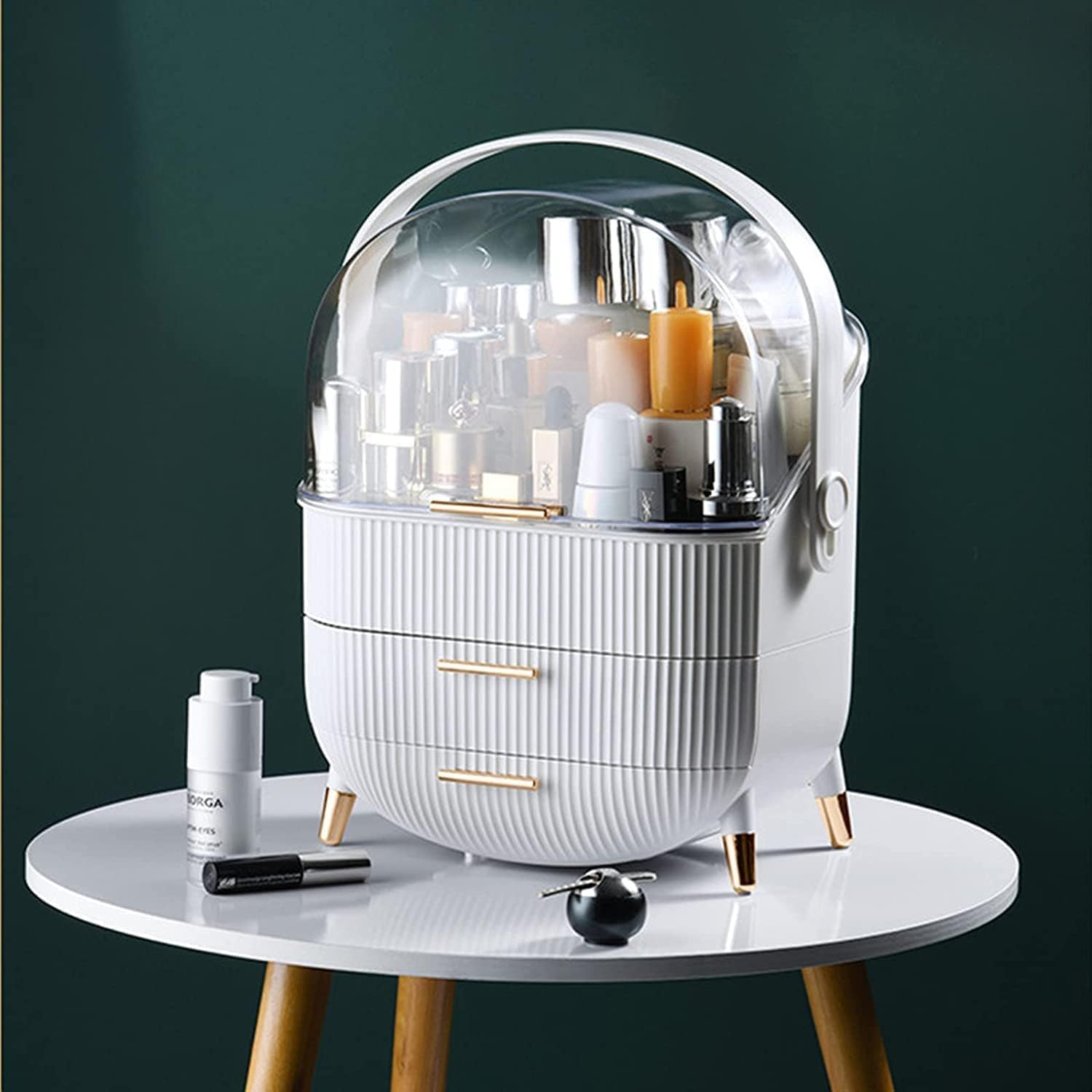 Kousee Makeup Storage Organizer, Skincare Organizers Cosmetic Display Case with Dust Free Cover Portable Handle, Waterproof Makeup Box for Vanity Countertop Bathroom Dresser- White