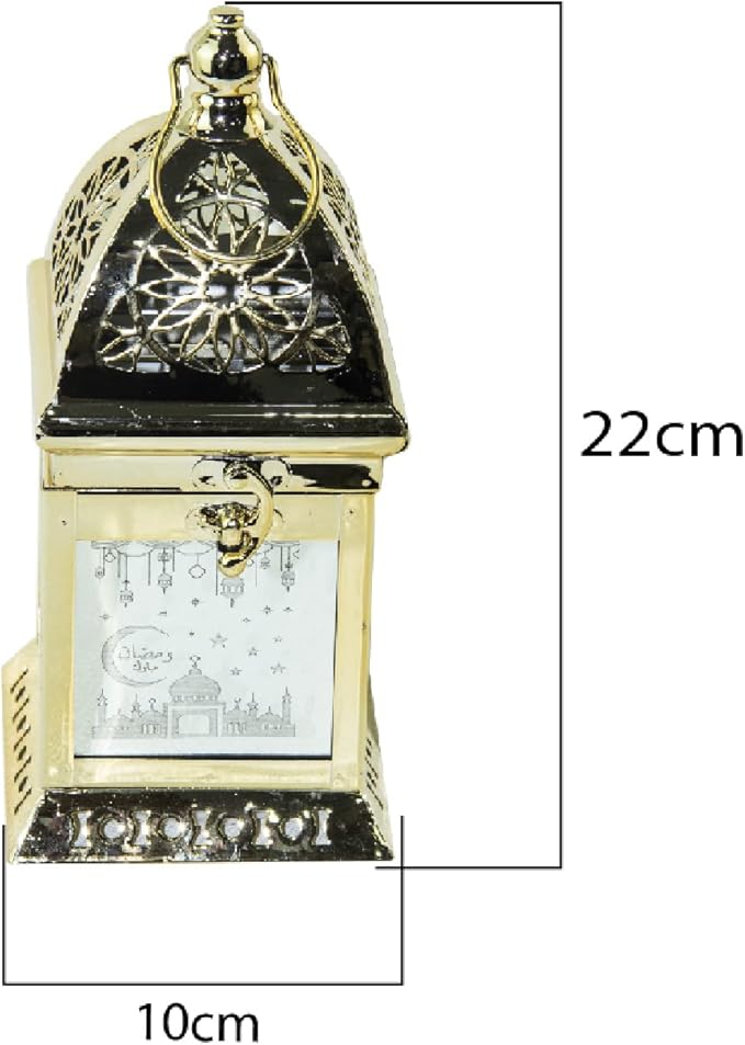 Arabic lantern, led fanoos light for ramadan home dcor table & hanging lantern, vintage decorative tabletop indoor & outdoor size 22x10cm, with islamic music color golden