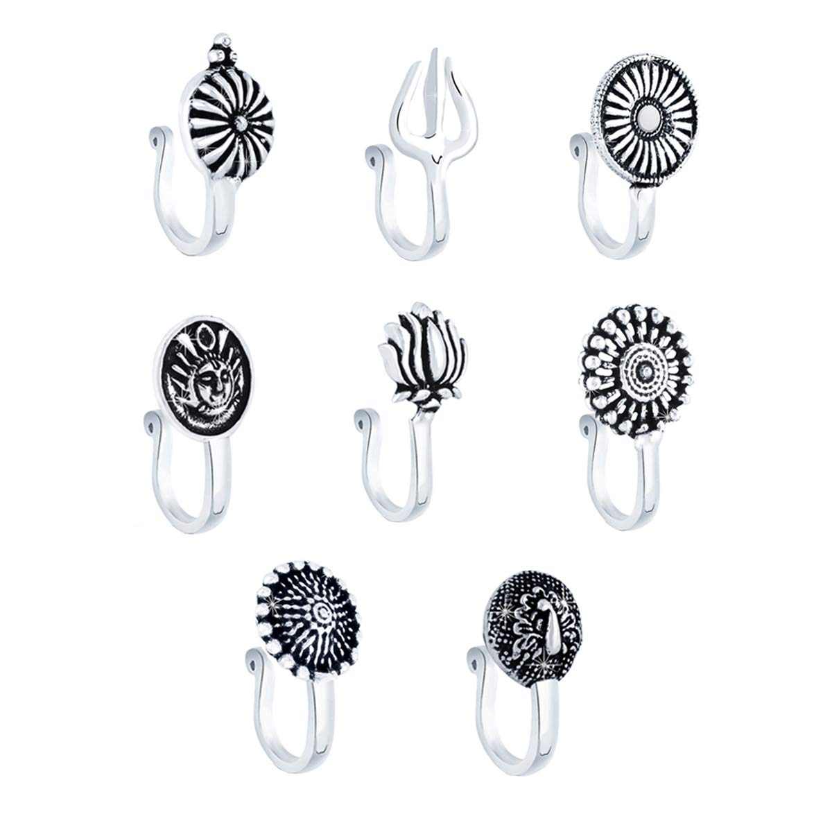 Yellow Chimes Antique Silver Oxidized 7 pcs combo set Ethnic Indian Traditional non-piercing Nose pin Jewelry Variation