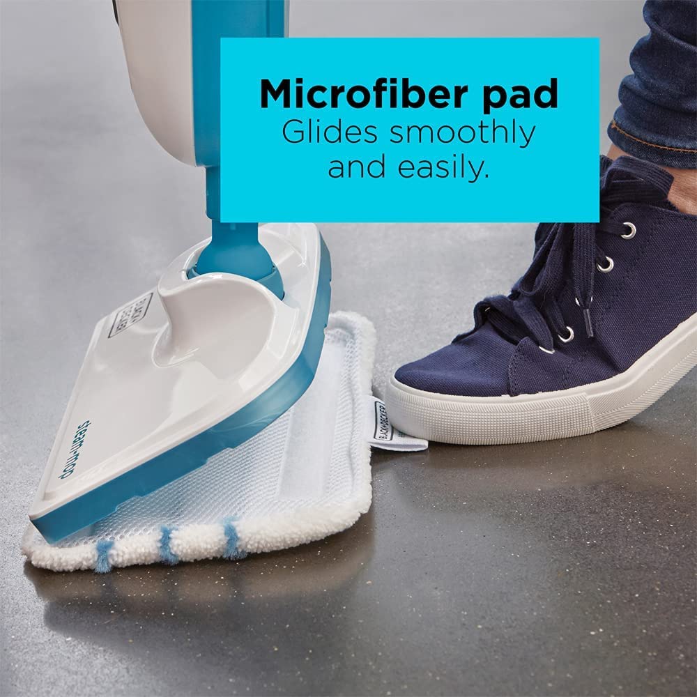 BLACK+DECKER Steam Mop, 1300W, Superheated Steam, 180° Swivel Steering, Microfiber Pad, 4m Cable, Safe on All Sealed Floors, for Home & Office, ECO Friendly, White/Blue - FSM13E1-B5