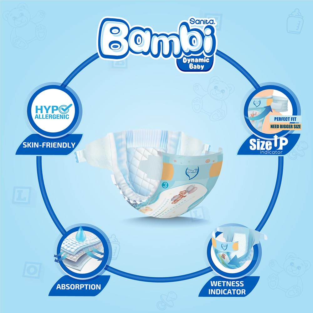 Sanita Bambi Baby Diapers Mega Pack Size 3, Medium, 6-11 KG, 92 Count