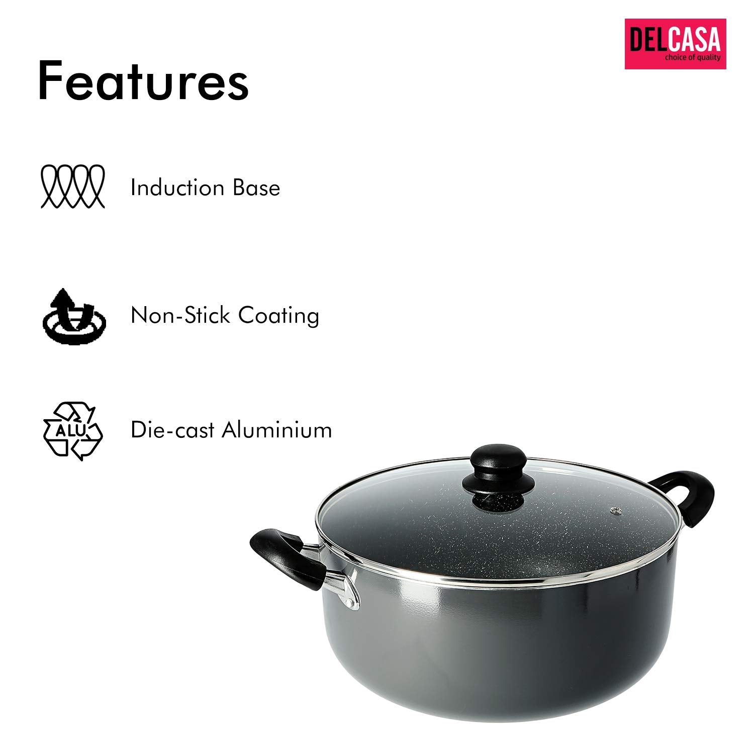 Delcasa Aluminium Casserole With Glass Lid, 26Cm – Induction Safe Saucepan With Durable Non-Stick Granite Coating Stock Pot With Glass Lid & Heat-Resistant Handles Cookware Casserole Pan