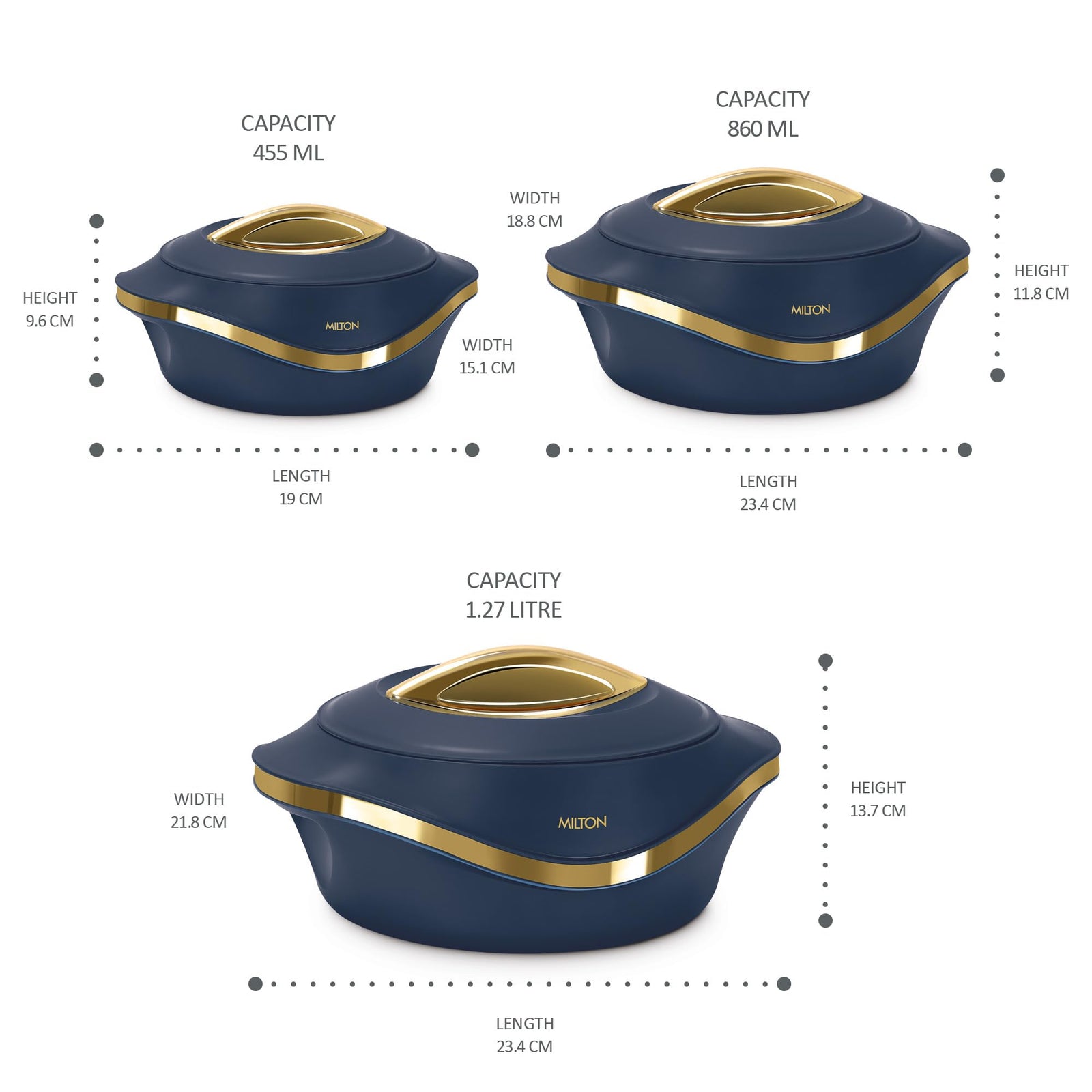 MILTON Casserole Set (860 ml/1.27 L/1.96 L) Insulated Stainless Steel Hotpot with Lids, Hotbox Food Storage Container for Serving Chapati, Roti, حرارات لحفظ الطعام - Pearl - Blue