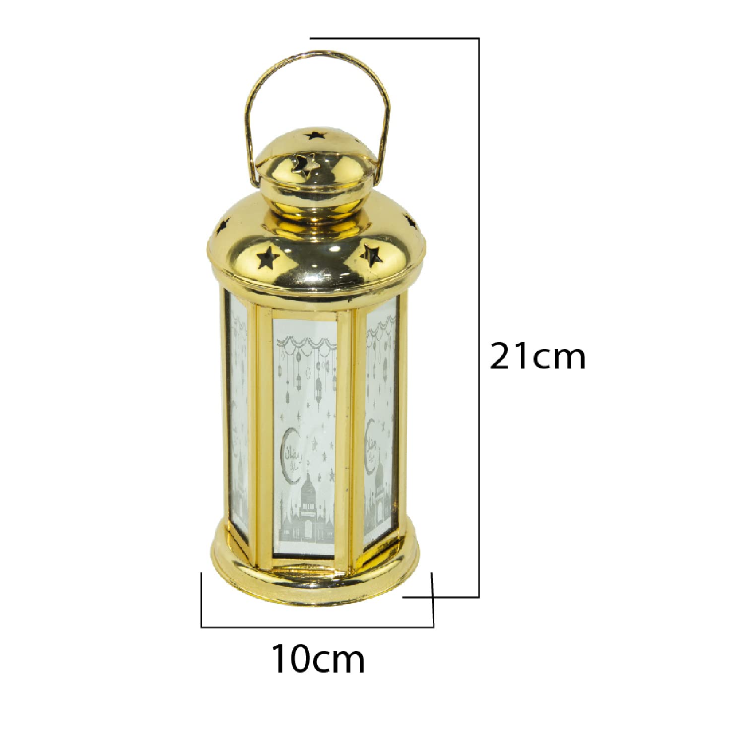 Rosy.Moment Arabic Lantern, Led Fanoos Light For Ramadan Home Décor Table & Hanging Lantern, Vintage Decorative Tabletop indoor & Outdoor Size 21x10cm, With Islamic Music Color Golden