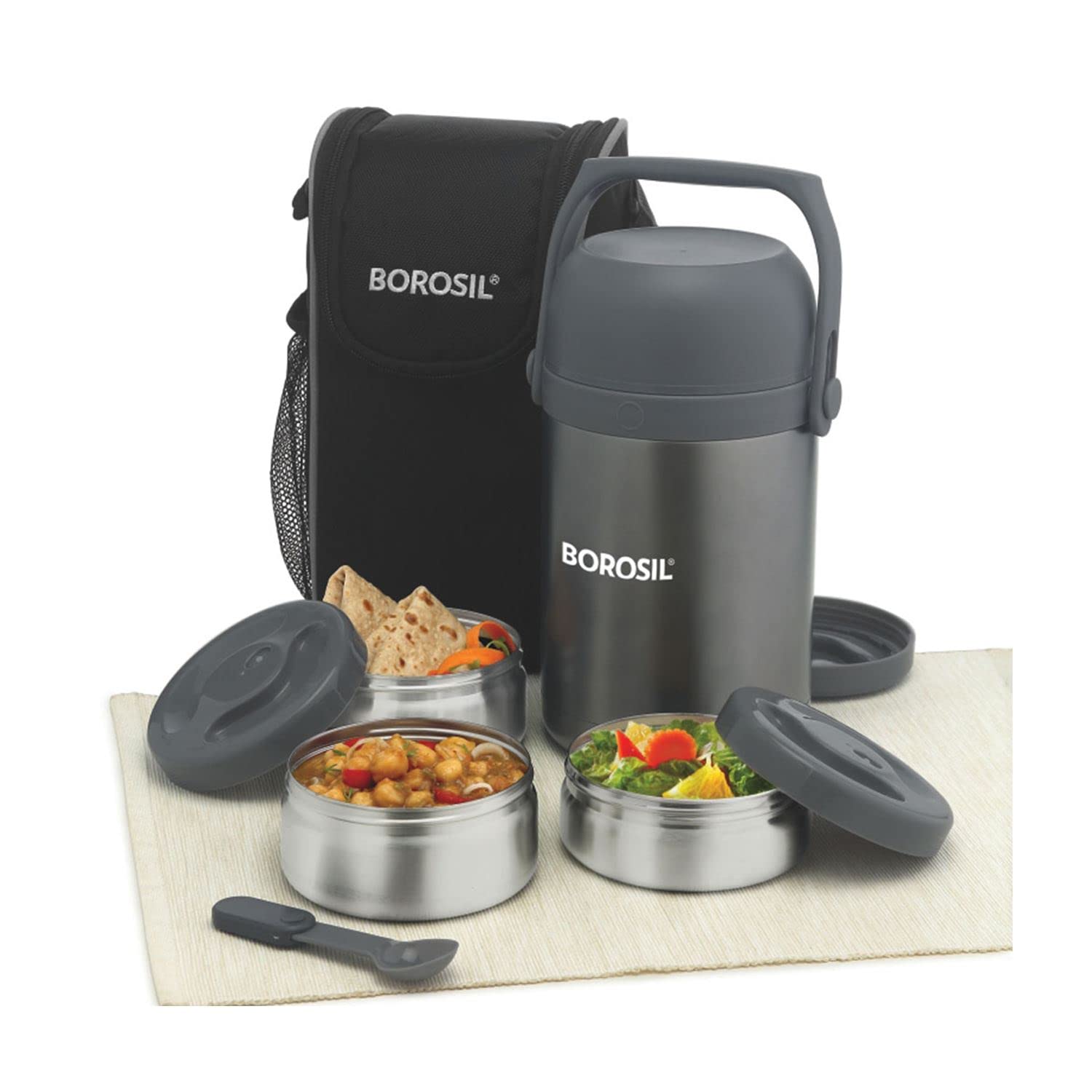 Borosil - Hot-N-Fresh Stainless Steel Insulated Lunch Box, Set of 3 (1pcs 350 ml + 2pcs 420 ml), Black