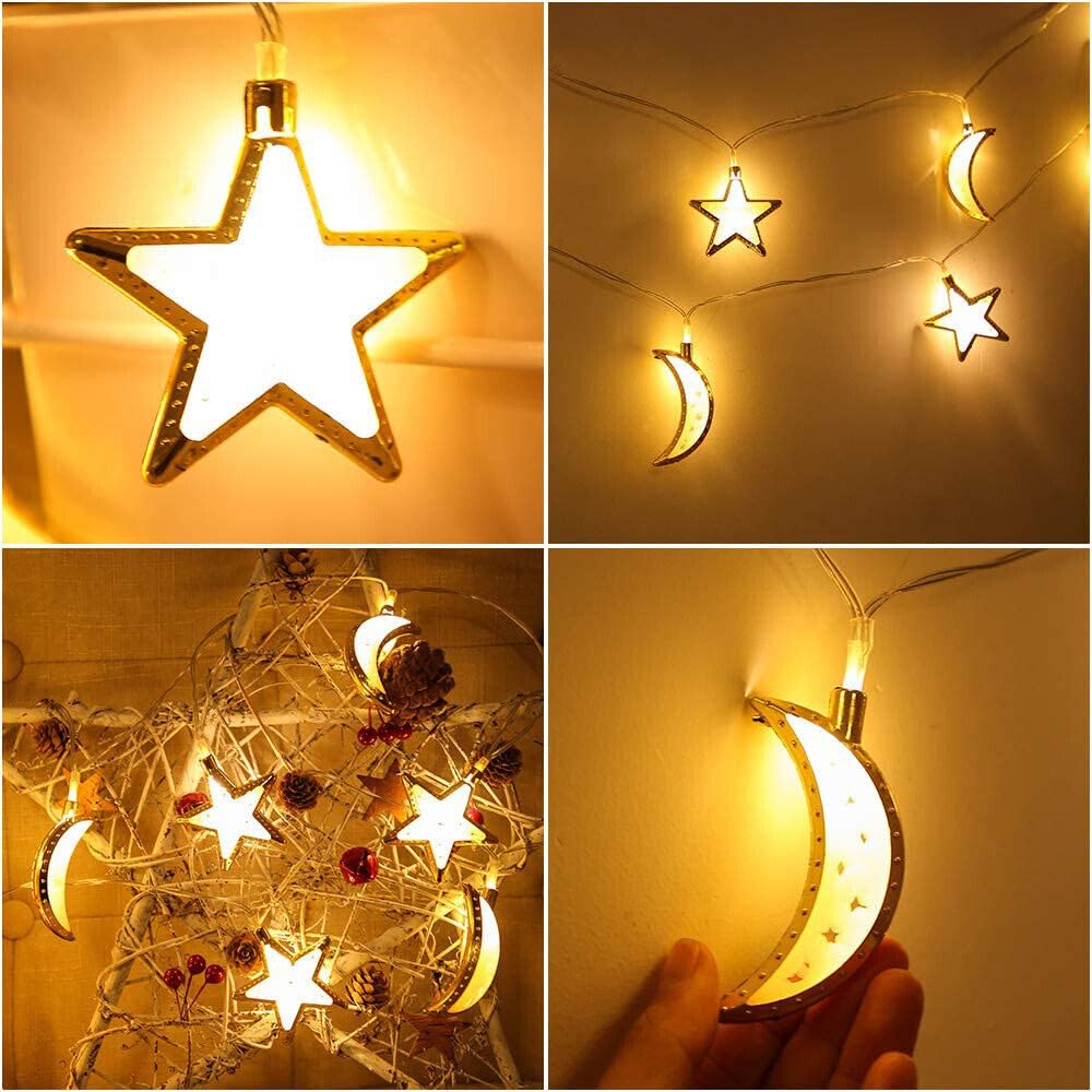 Rosy.Moment Ramadan Eid Moon Star String Lights, 12 Feet 20 LEDs Eid Mubarak Palace Lantern Lamp for Islamic Indoor Outdoor Home Garden Decoration (Warm White)