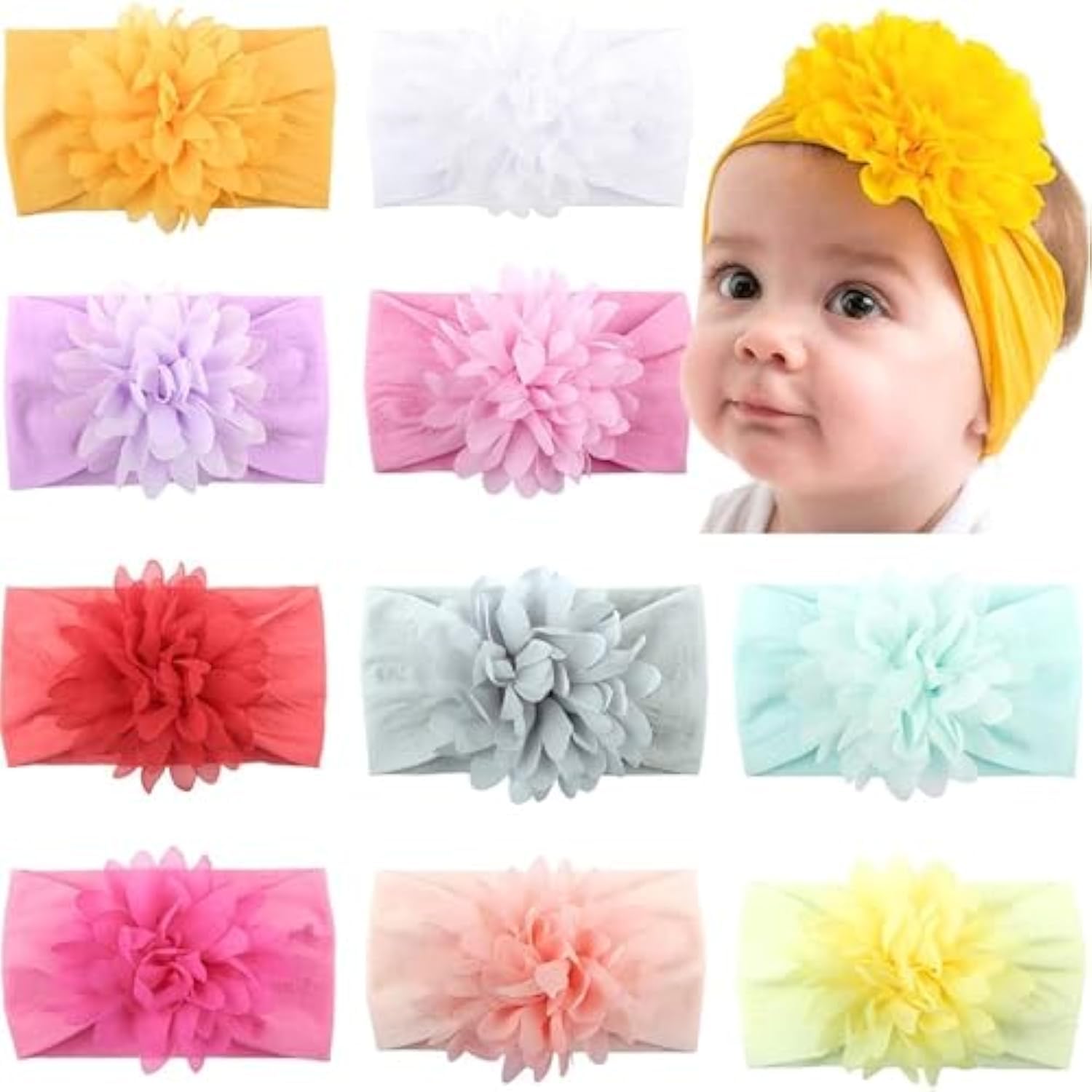 10 Colors Baby Girls Headbands Big Cotton Hair Bows Soft Elastic Hair Bands for Infant Newborn and Toddlers, One Size