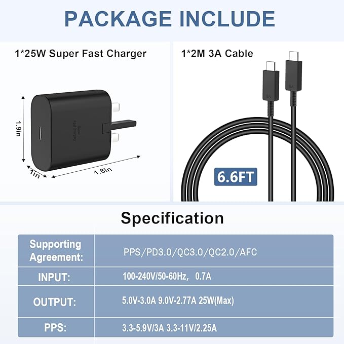 25W Super Fast Charger for Samsung, Gcstnn PPS PD3.0 USB-C Charger for Samsung Galaxy S23 Ultra S23+ S23 S22 Ultra S21+ A53 5G A54 Z Fold/Flip 4 Tab S8 Ultra, Power Adapter Plug with 1M Type C Cable.