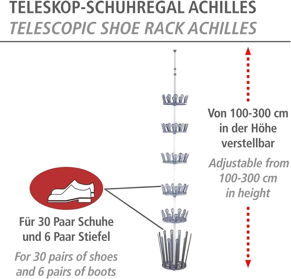 WENKO Telescopic Shoe Rack Achilles, Powder-Coated Metal, 6-Tier Adjustable Footwear Storage, Home & Bedroom Space Saver, 30x100-300x30cm, White