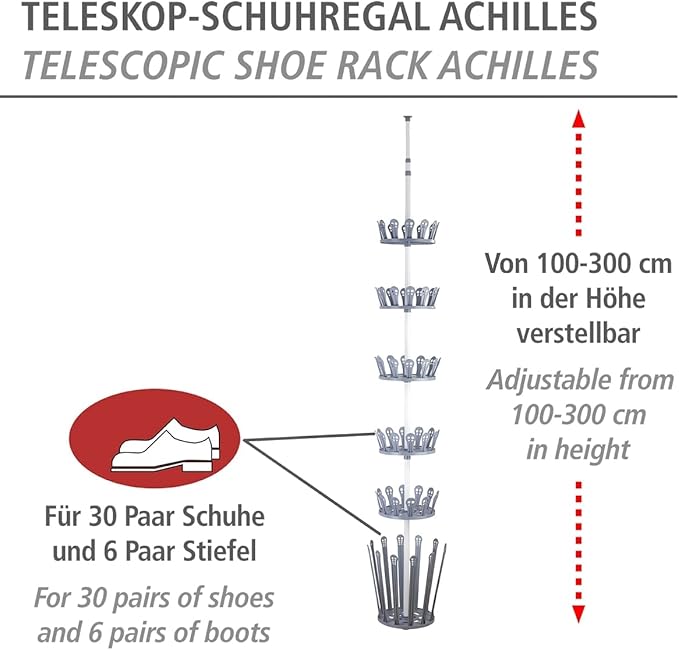 رف الأحذية التلسكوبي WENKO Achilles، معدن مطلي بالبودرة، تخزين أحذية قابل للتعديل من 6 طبقات، موفر للمساحة في المنزل وغرفة النوم، 30x100-300x30 سم، أبيض
