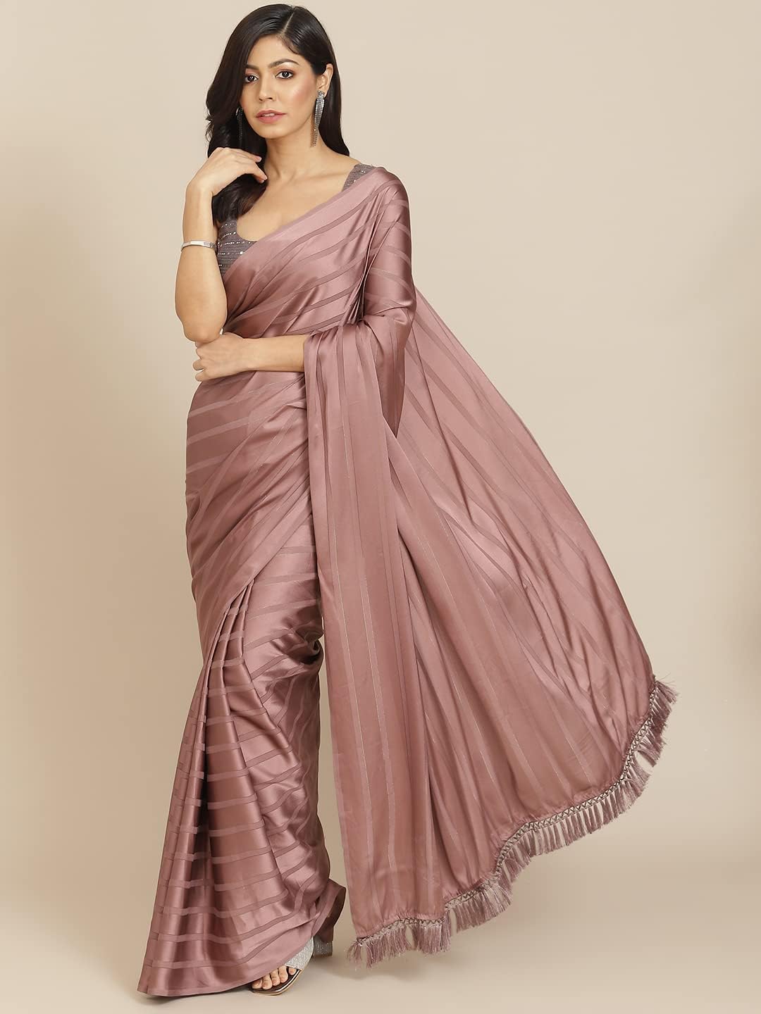 Womanista Women's Satin Striped Saree With Un-stitched blouse