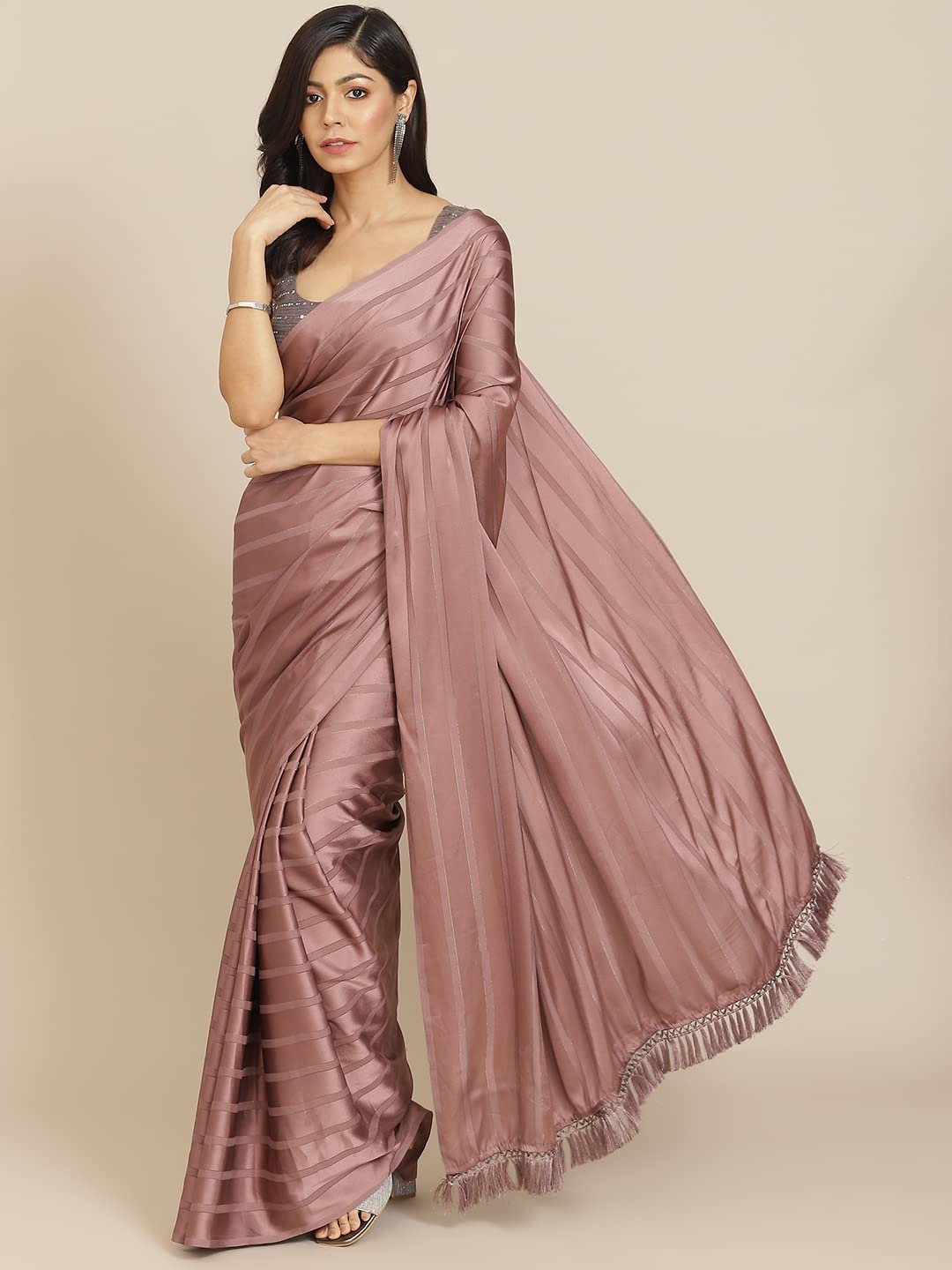 Womanista Women's Satin Striped Saree With Un-stitched blouse