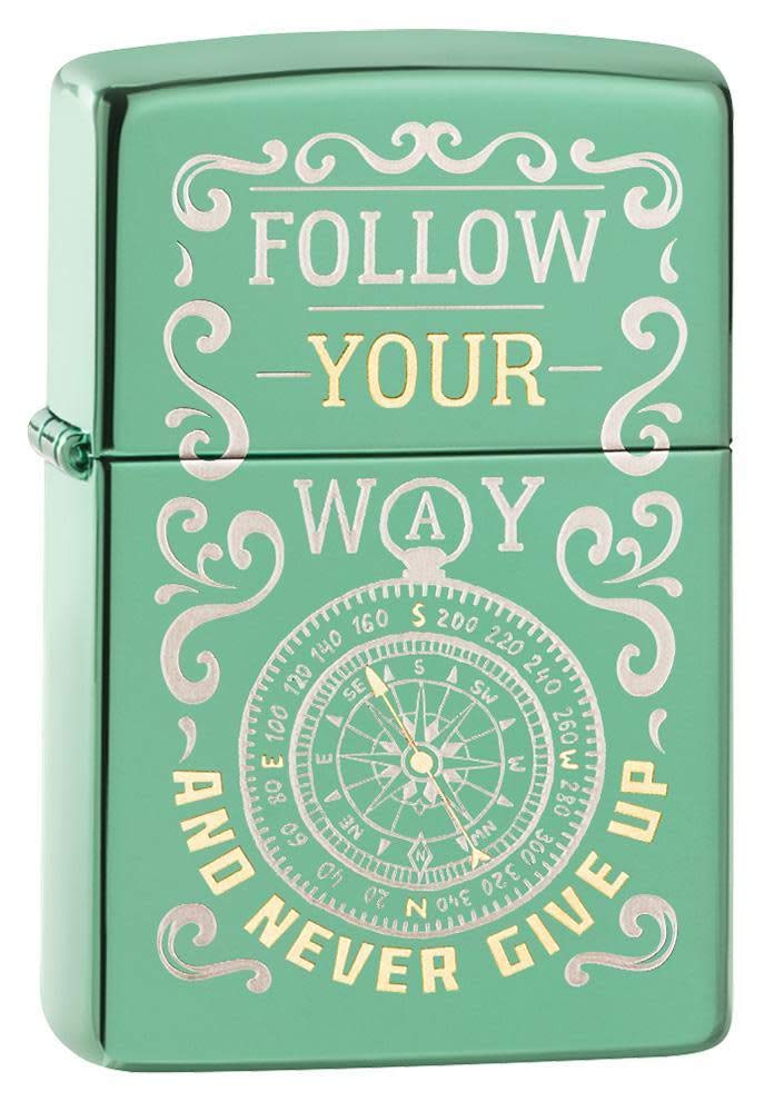 Zippo Follow Your Way Compass Design High Polish Windproof Lighter, Green, One Size