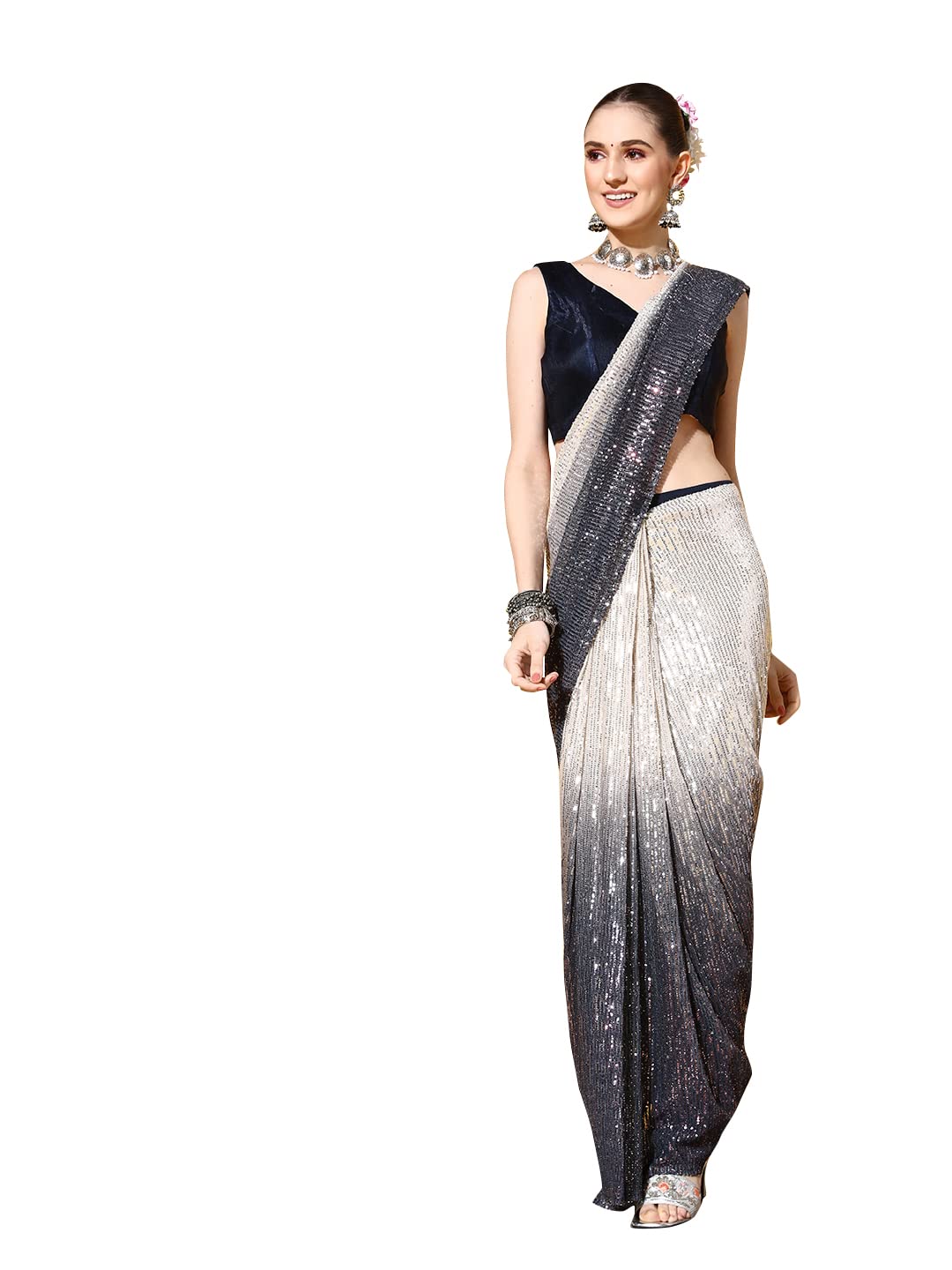 Womanista Women's Grey Satin Sequinns Embellished Ready to Wear Saree(TI2954_Grey_Onesize)