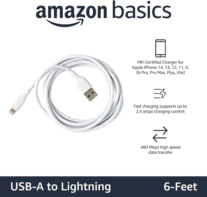 Amazon Basics USB-A to Lightning ABS Charger Cable, MFi Certified Charger for Apple iPhone 14 13 12 11 X Xs Pro, Pro Max, Plus, iPad, 1.8 meters, White