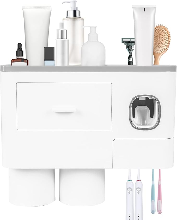 SKY-TOUCH 2 Cups Wall Mounted Toothbrush Holder, Multifunctional Space-Saving Toothbrush and Toothpaste Holder with Drawer for Cosmetics Organizer for Washroom and Bathroom