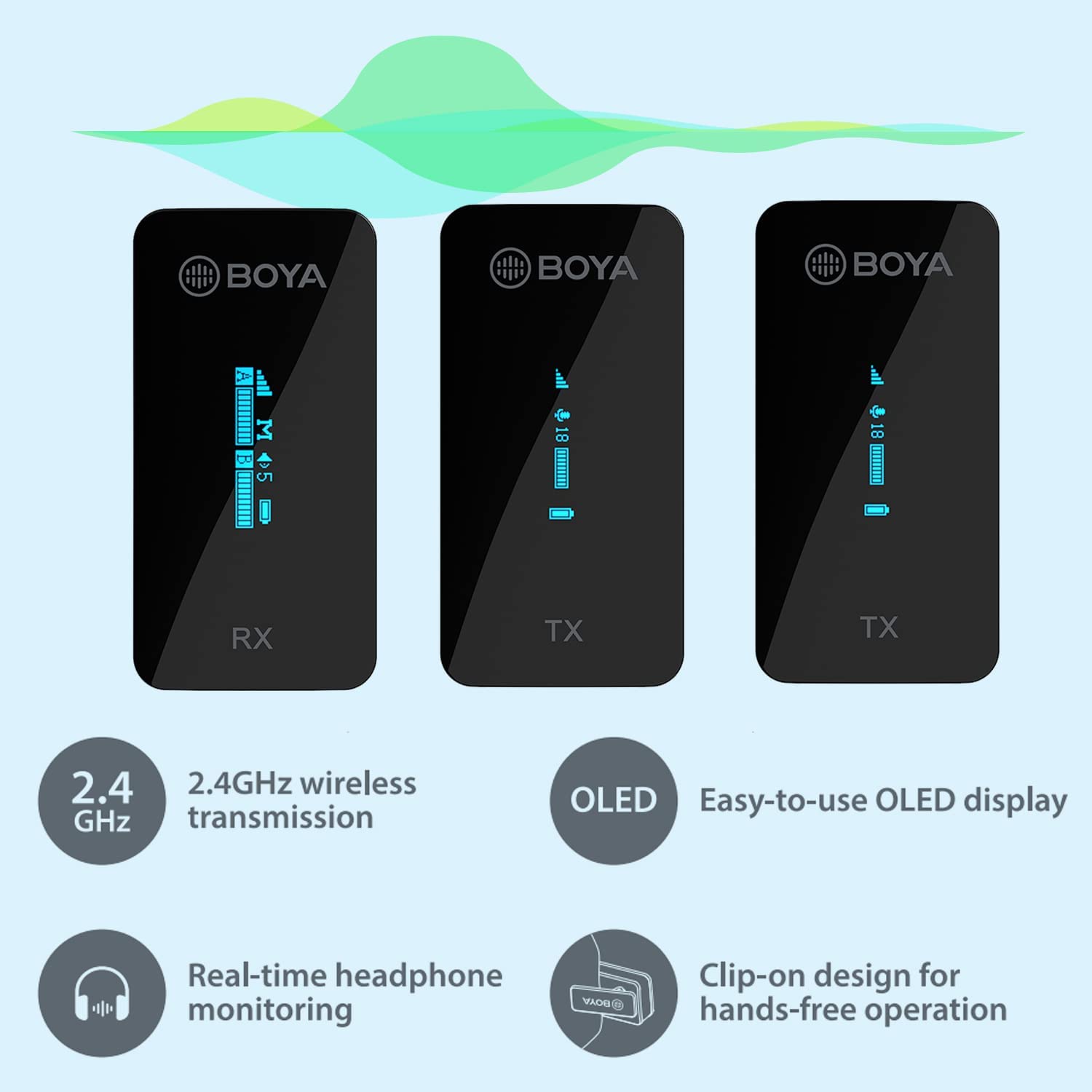 Boya By-Xm6 S2 2.4Ghz Wireless Microphone System Afh Signal 3.5Mm Trs Jack Built-In Microphone With Oled Display