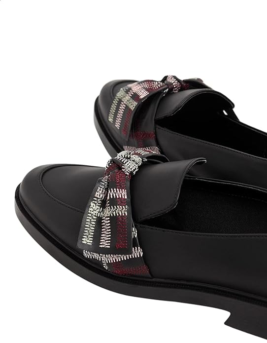 CHARLES & KEITH Embroidered Front Ribbon Round Toe Heeled Faux Leather Loafers for Women