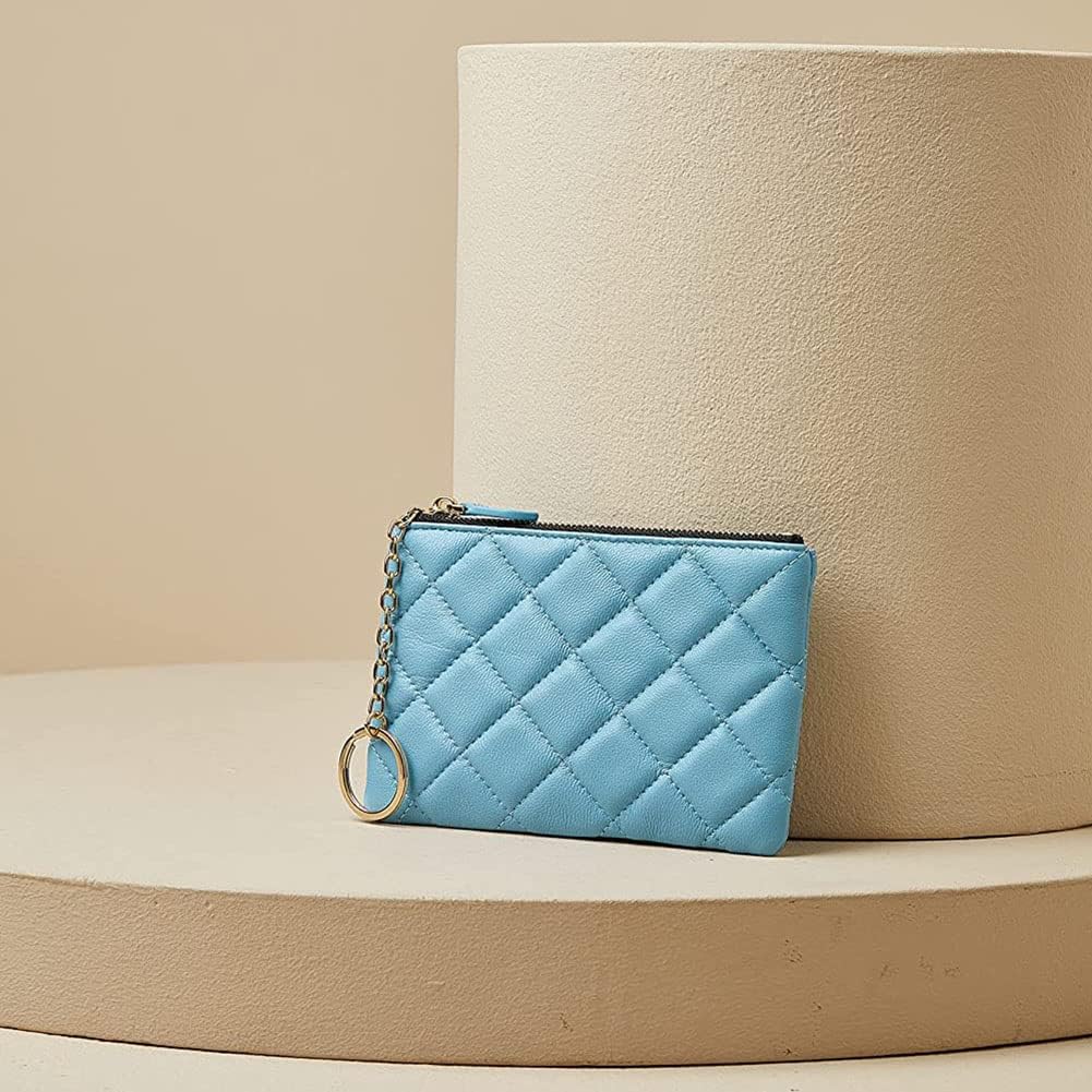 Premium Genuine Full Grain Leather Mini Coin Purse Keychain Pouch for Men  Women - Small Quilted Blocking Top Zipper Wallet with Key Chain