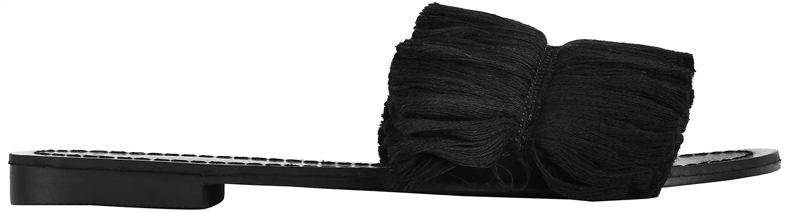 Pixi Fringe Detail Strap Flat Slippers for Women,BLACK