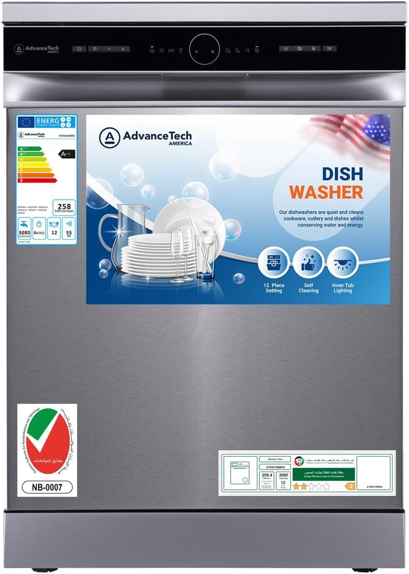 AdvanceTech America Free Standing Dishwasher 12 Place Settings, 6 Programs, 2 Rack Levels, Energy Efficiency A++, Quiet -Silver Stainless Steel - ATDW126MSS -1 Year Warranty