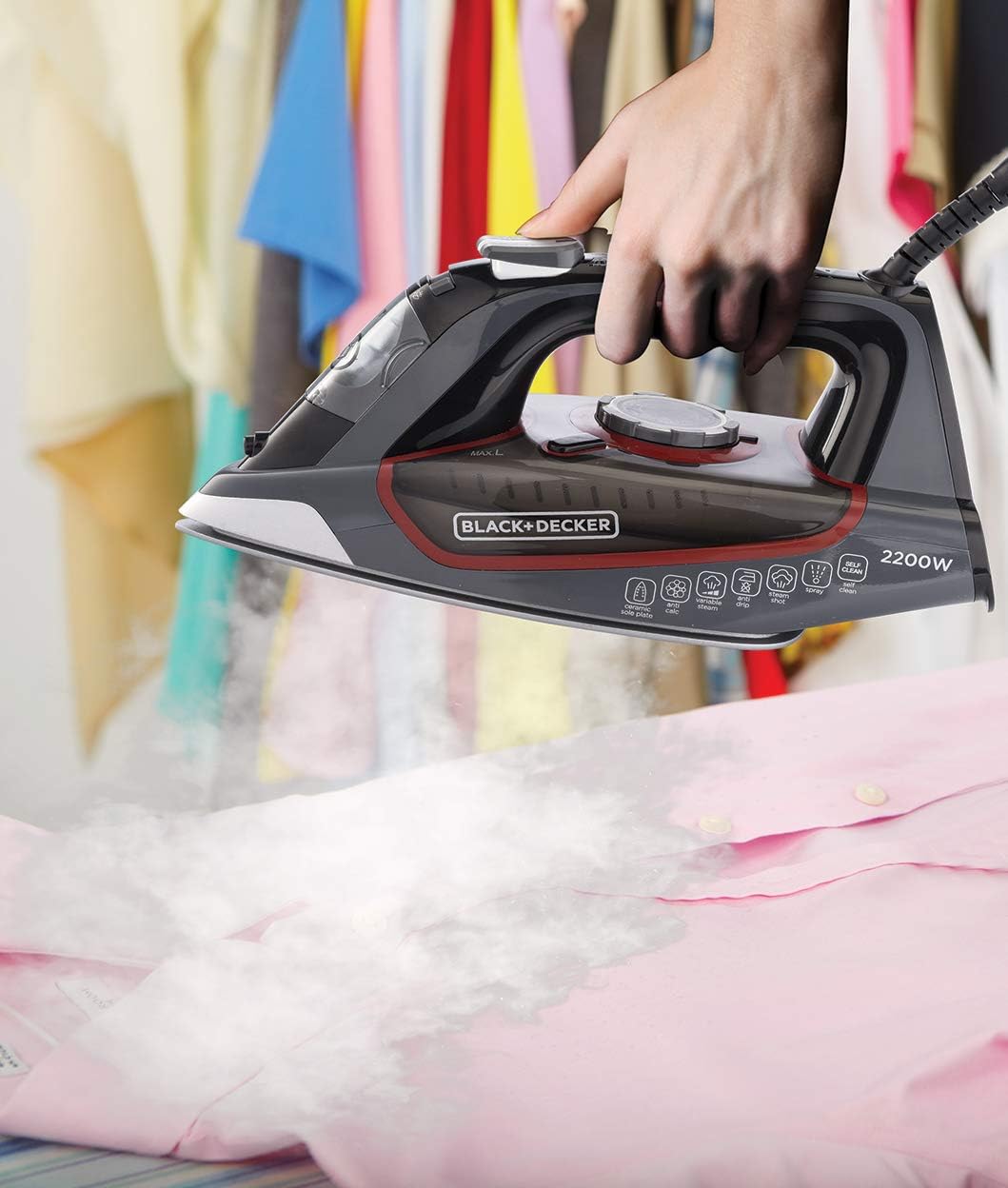 Black & Decker 2200W 90g/min Steam Steam Iron With 380ml Capacity, Ceramic Coated Soleplate with Anti Calc Anti Drip, Self Clean and Auto Shutoff, Removes Stubborn Creases X2050-B5