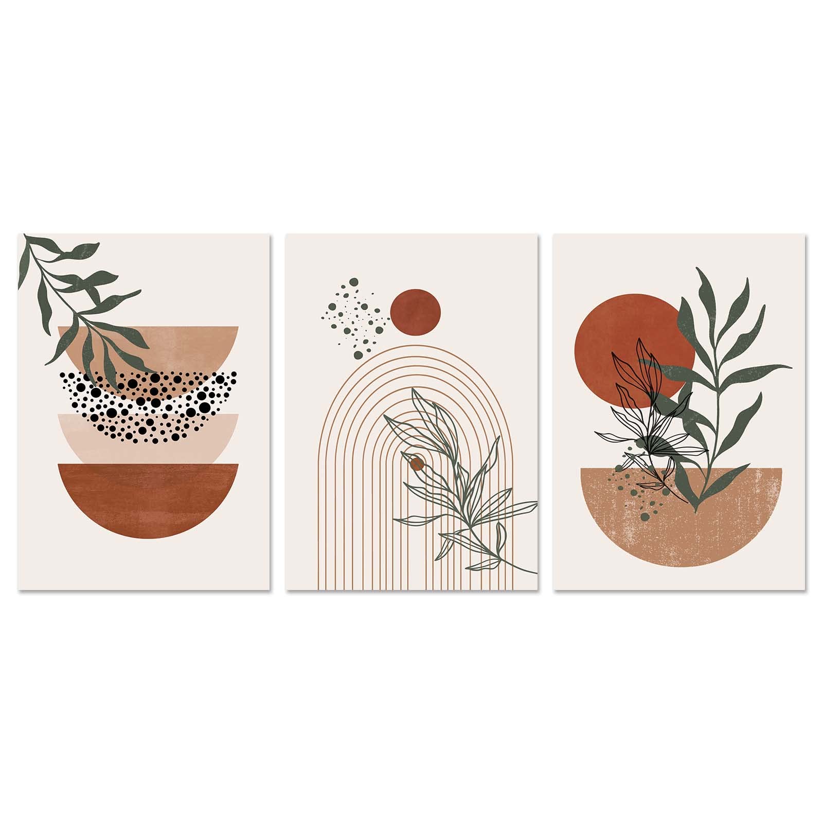 Boho Wall Art Prints, Boho Wall Decor, Mid Century Modern Wall Art, Set of 3 Prints, Abstract Geometric Prints Black Beige Terracotta Minimalist Art, Natural Framed Canvas Prints Artwork For Living